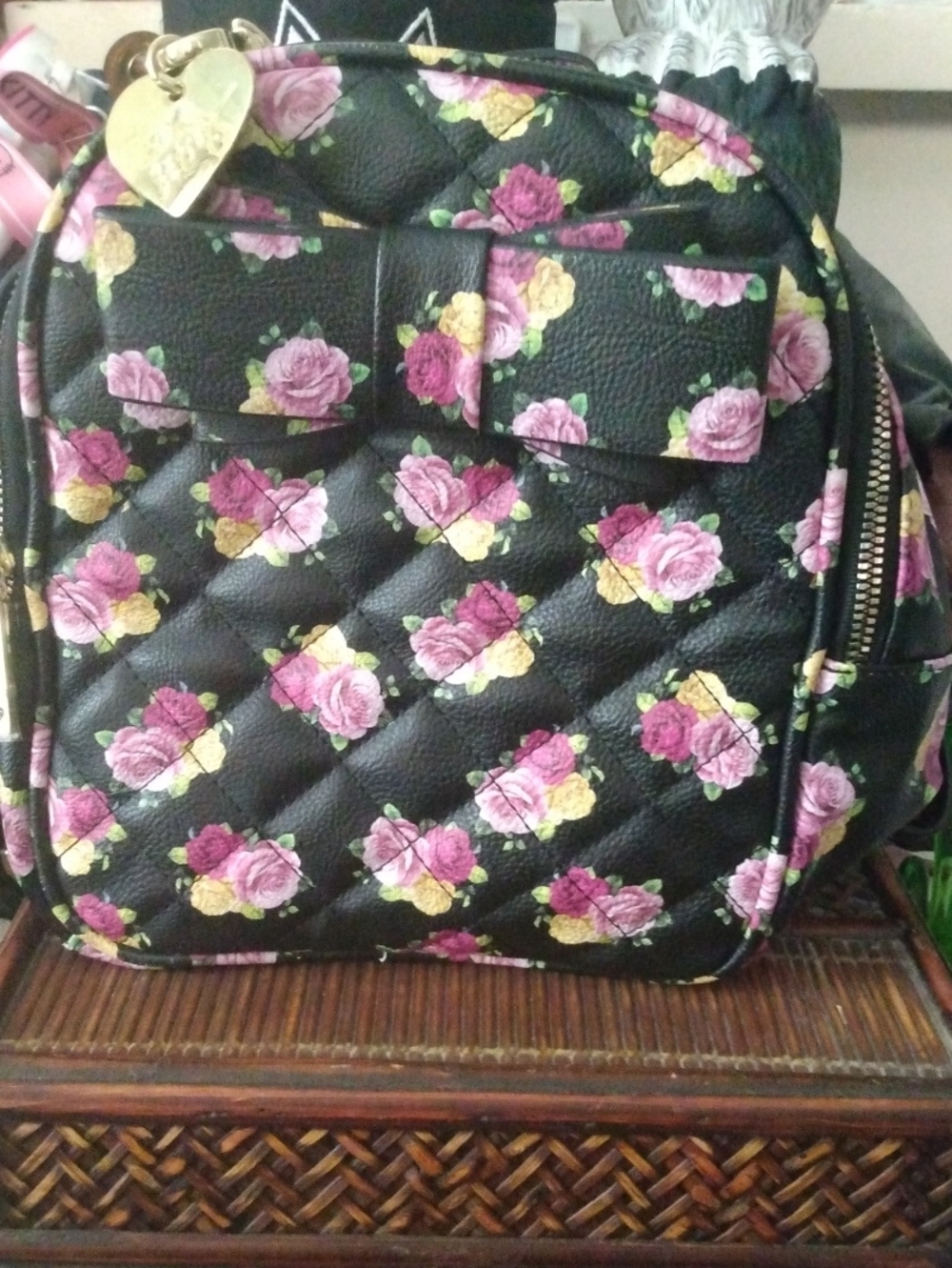Betsey Johnson Black Quilted Mini Backpack with Pink & Yellow Rose Print
